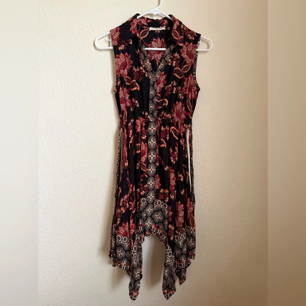 Angie (girls) Black High-Low Dress with Red & Tan Floral Print